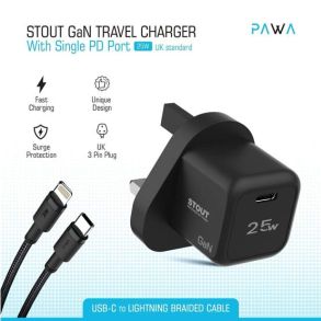 Pawa Stout Gan Travel Charger With Single PD port Type-C to Lightning Cable