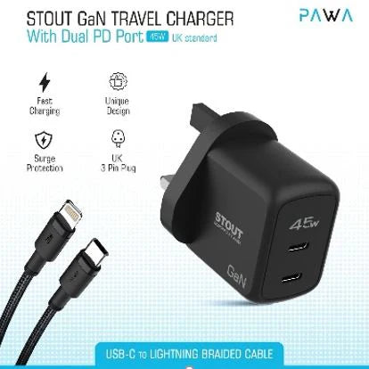 Stout Gan Travel Charger with Single PD port 45W Type C to Lightning (UK plug) - Black