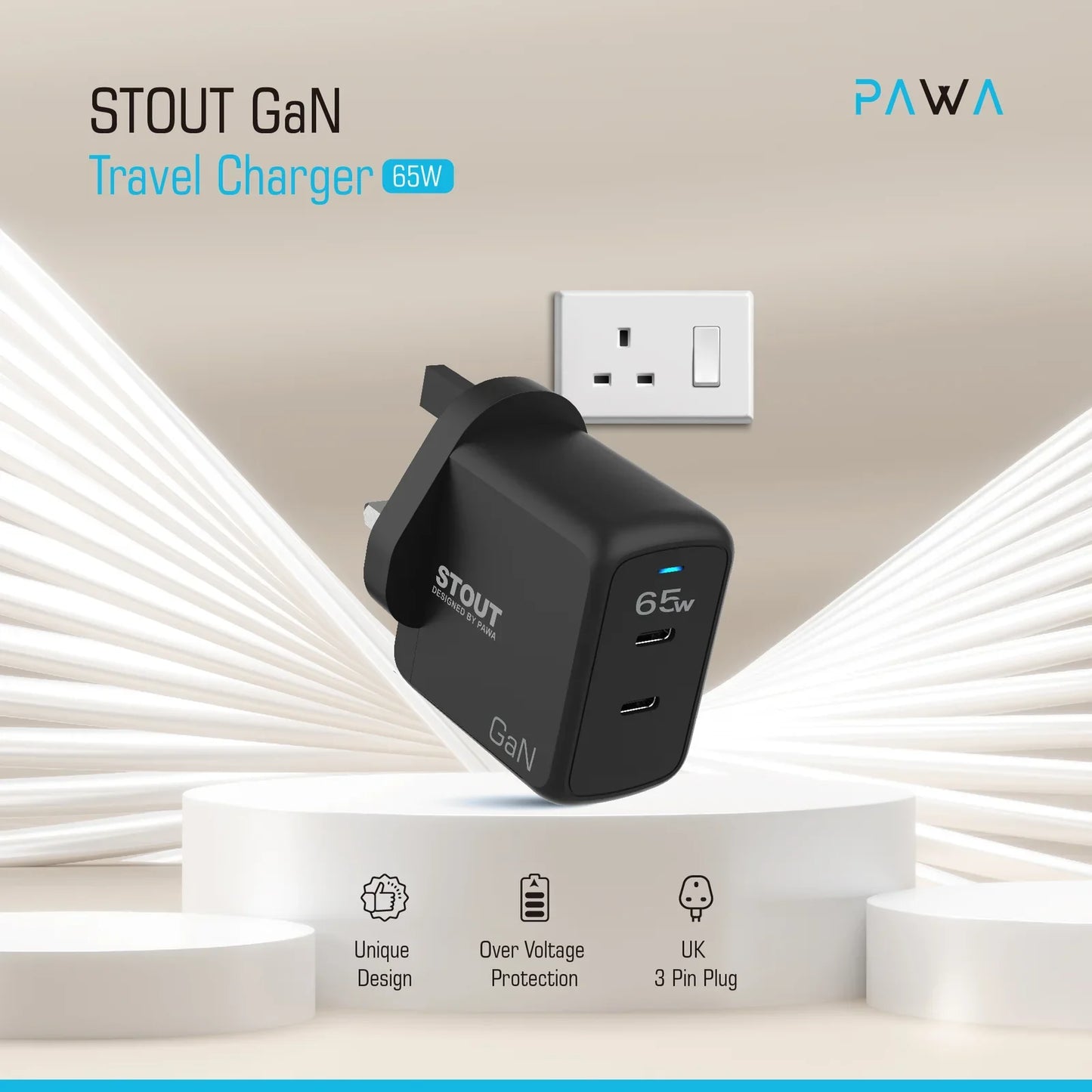 Pawa Stout Gan Travel Charger With Dual PD port 65W