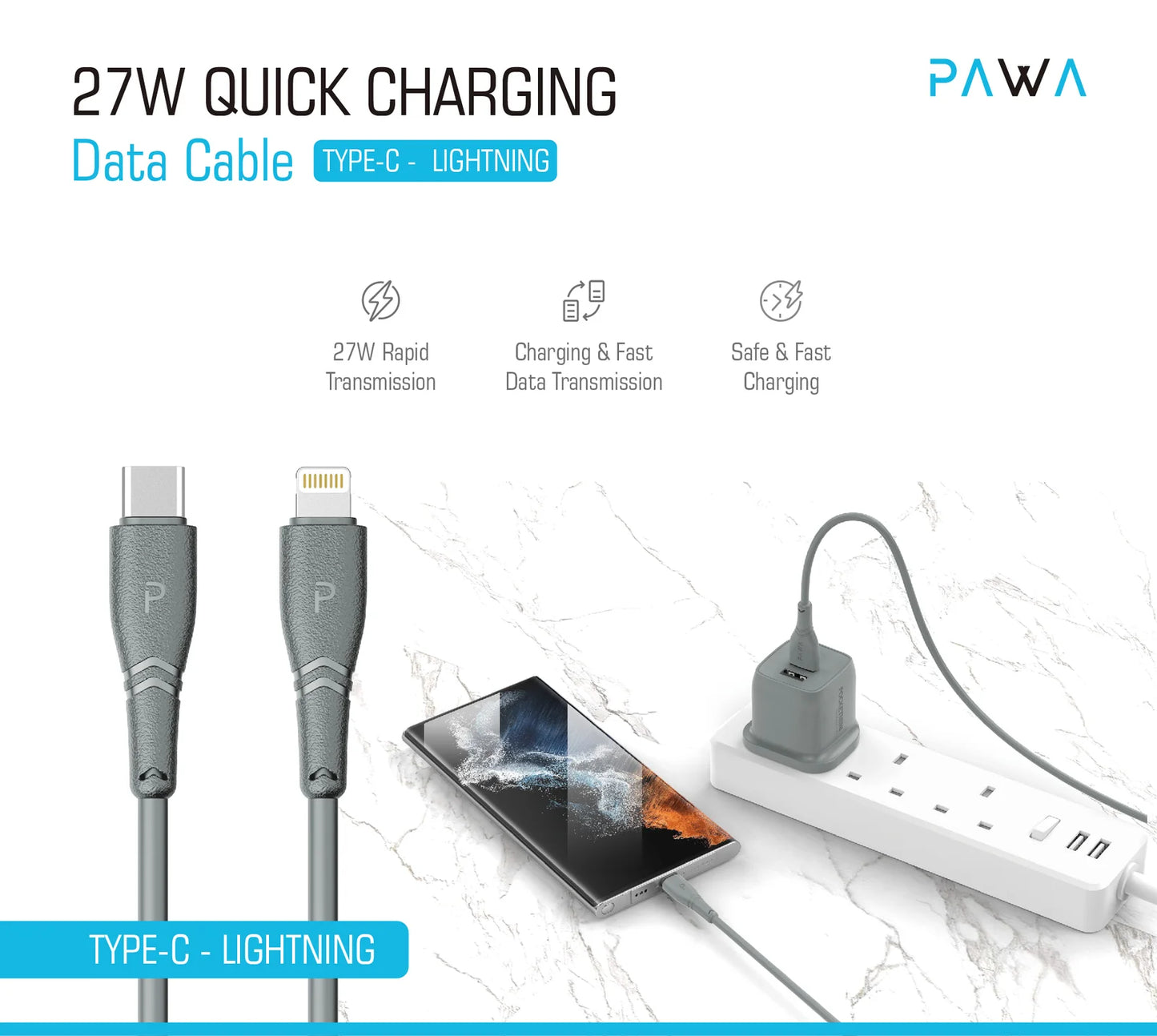 3A Quick Charging USB-A to Lightning PVC Cable 1.2m4ft  Grey