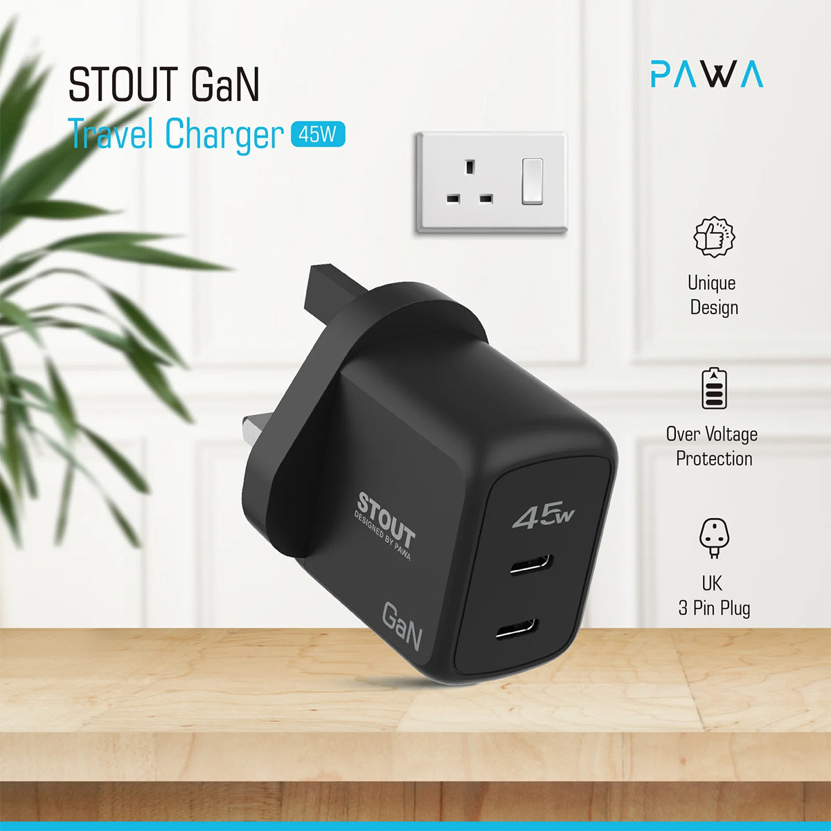 Pawa Stout Gan Travel Charger With Dual PD port 45W