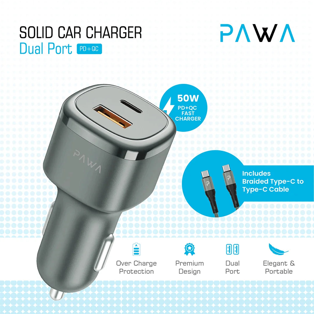SOLID CAR CHARGER - Dual Port - PD+QC - Includes Braided Type-C to Type-C