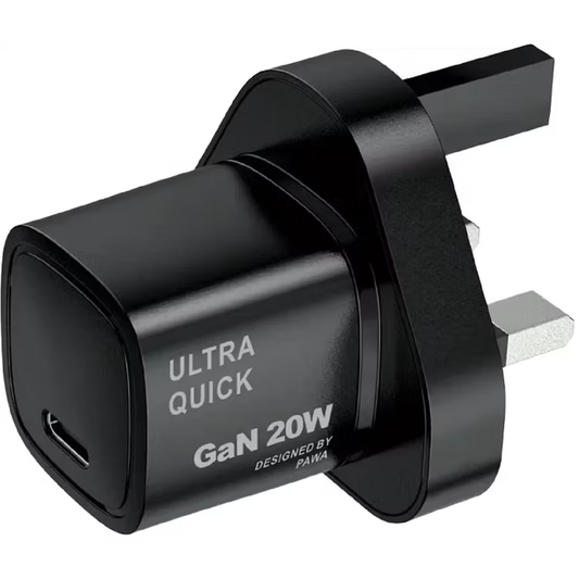 Pawa GaN Charger PD 20W Type-C Port UK Standard - Black