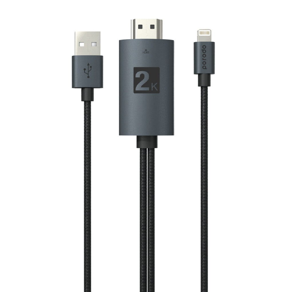 Porodo Braided HDMI Lightning Cable (2m6.6ft) USB Connection For Charging Your Device at The Same Time