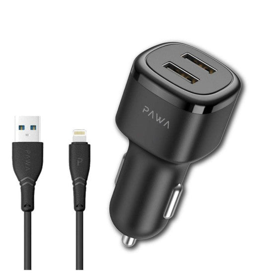 Pawa Solid Car Charger 2.4A Auto-Id With Lightning Cable
