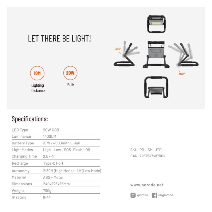 Lifestyle By Porodo Foldable Multi-Joint Outdoor Flashlight