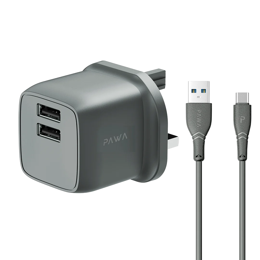 PocketMini Dual USB Travel Charger UK standard UAB-A to C-Type Cable