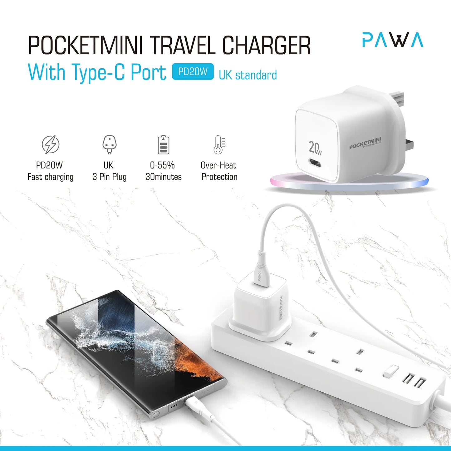 POCKETMINI TRAVEL CHARGER with Type-C Port PD20W - UK Standard