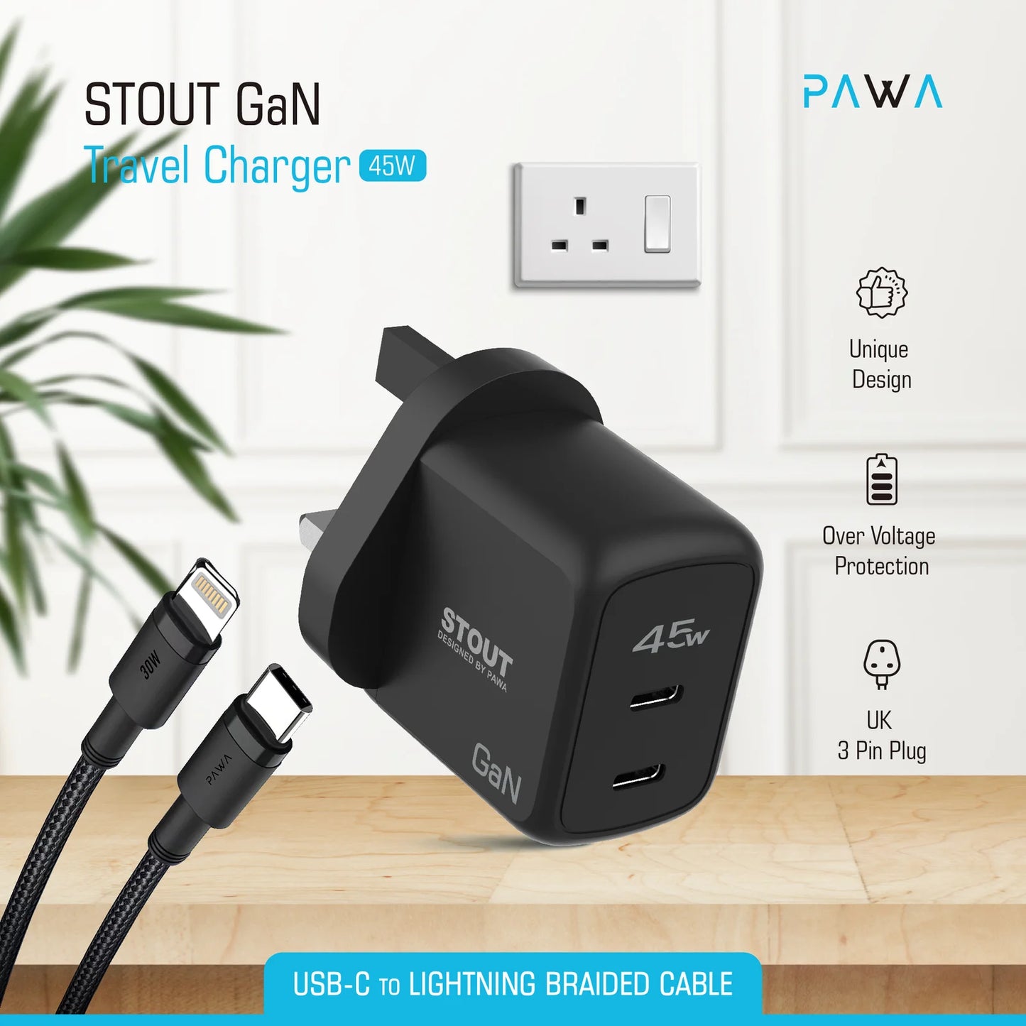 Stout Gan Travel Charger with Single PD port 45W Type C to Lightning (UK plug) - Black