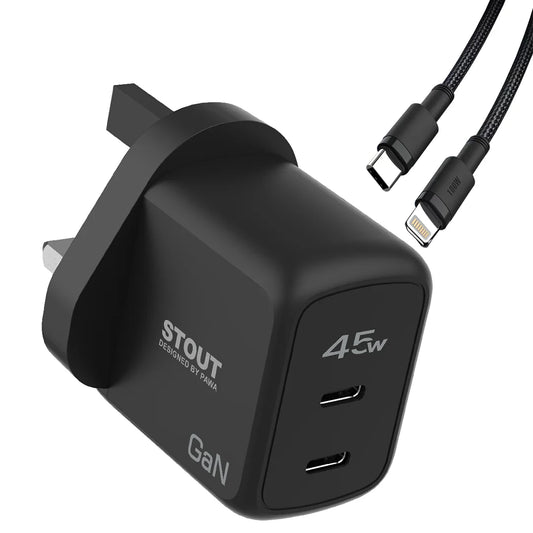 Stout Gan Travel Charger with Single PD port 45W Type C to Lightning (UK plug) - Black