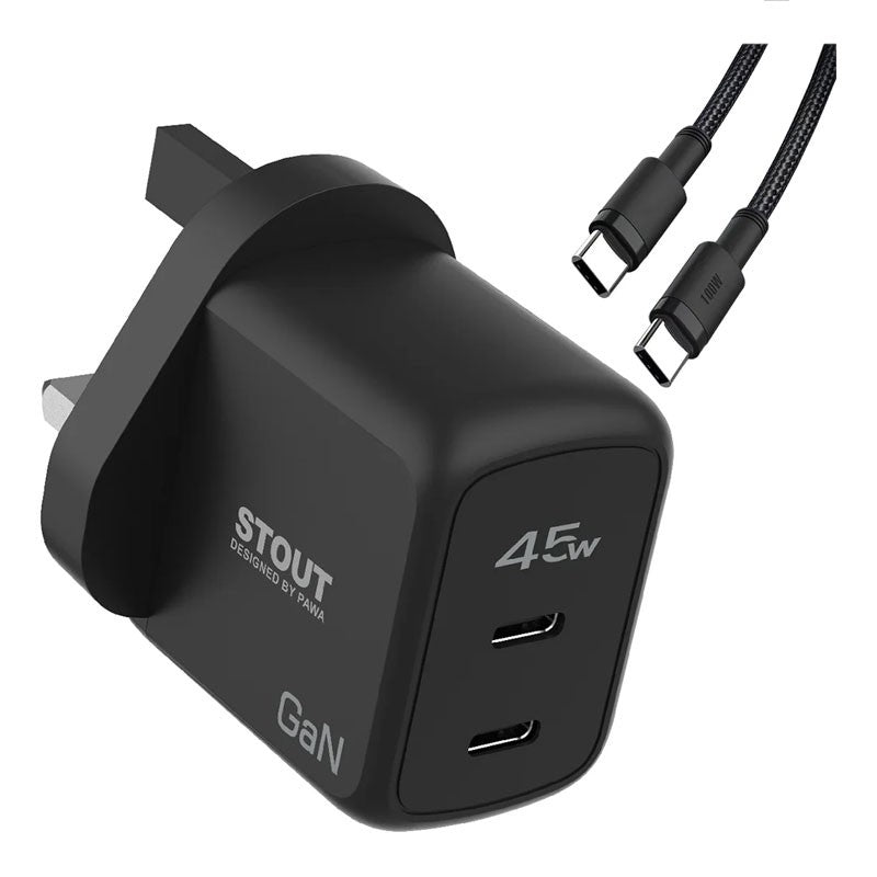 Pawa Stout Gan Travel Charger With Dual PD port 45W   Type-C to Type-C Cable