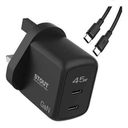 Pawa Stout Gan Travel Charger With Dual PD port 45W   Type-C to Type-C Cable
