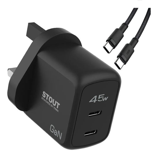 Pawa Stout Gan Travel Charger With Dual PD port 45W   Type-C to Type-C Cable