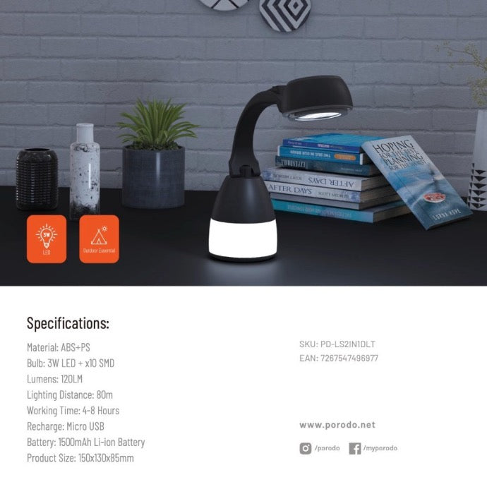 Lifestyle By Porodo 2-in-1 Desk LampTorch Compact Outdoor Lantern