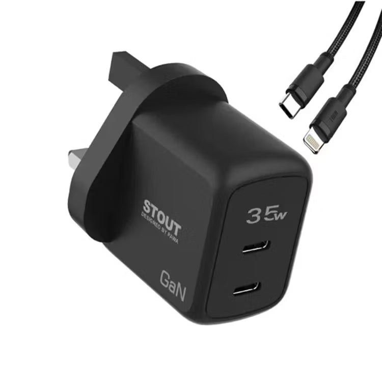 Pawa Stout Gan Travel Charger With Dual PD port 35W  Type-C to Lightning Cable