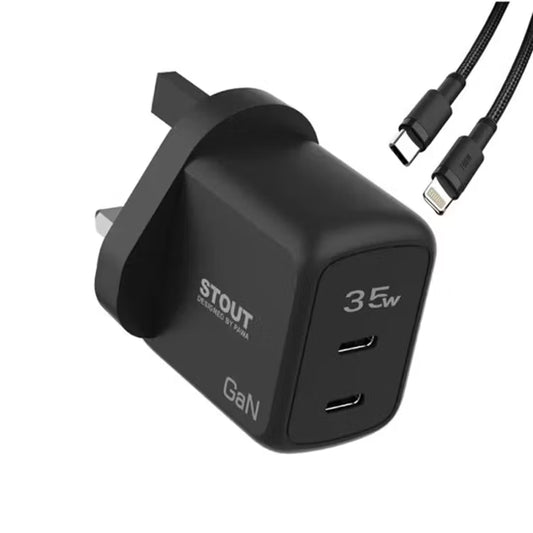 Pawa Stout Gan Travel Charger With Dual PD port 35W  Type-C to Lightning Cable
