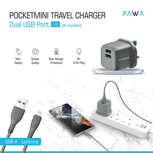 PocketMini Dual USB Travel Charger UK standard UAB-A to Lightning Cable
