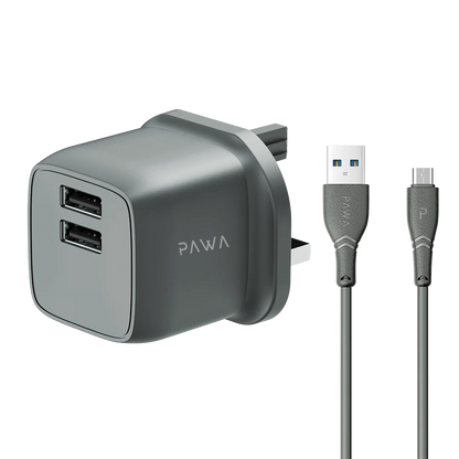 PAWA PocketMini Dual USB Travel Charger UK With USB-A to Micro Cable