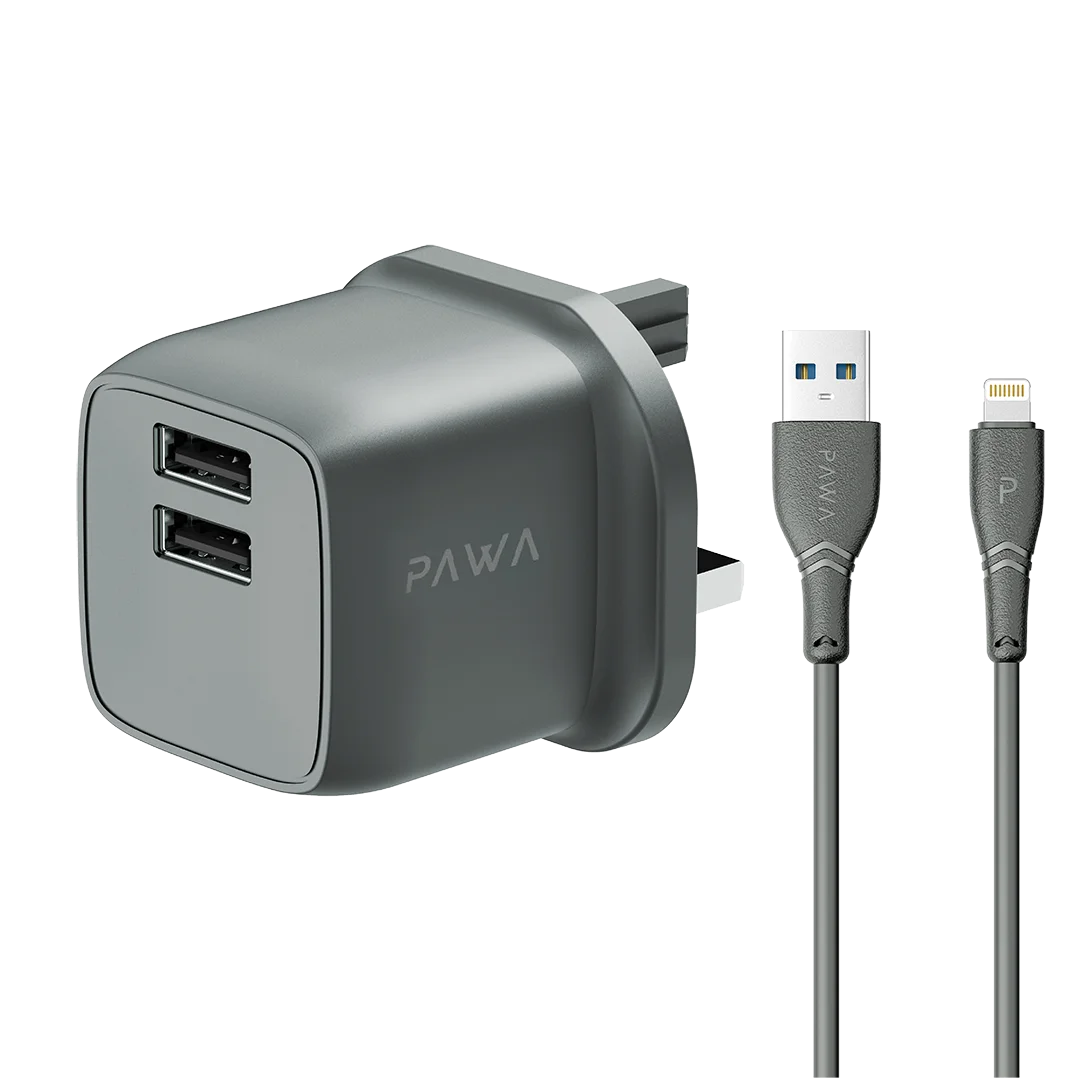 PocketMini Dual USB Travel Charger UK standard UAB-A to Lightning Cable