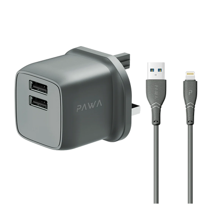 PocketMini Dual USB Travel Charger UK standard UAB-A to Lightning Cable