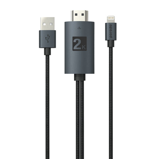 Porodo Braided HDMI Lightning Cable (2m6.6ft) USB Connection For Charging Your Device at The Same Time