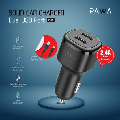 Pawa Solid Car Charger 2.4A Auto-Id With Lightning Cable