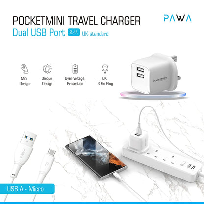 PAWA PocketMini Dual USB Travel Charger UK With USB-A to Micro Cable