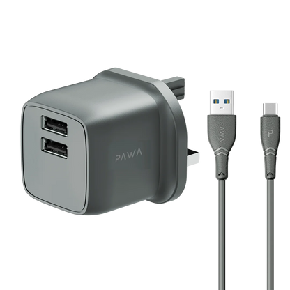 PocketMini Dual USB Travel Charger UK standard UAB-A to C-Type Cable