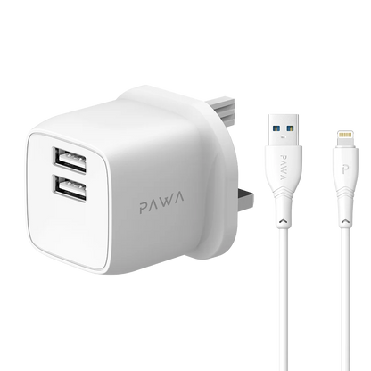 PocketMini Dual USB Travel Charger UK standard UAB-A to Lightning Cable