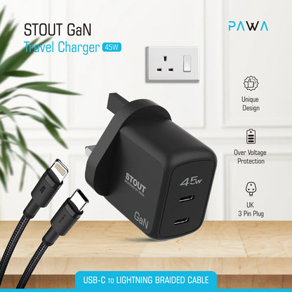 Stout Gan Travel Charger with Single PD port 45W Type C to Lightning (UK plug) - Black