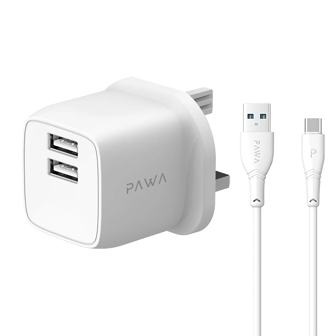 PocketMini Dual USB Travel Charger UK standard UAB-A to C-Type Cable