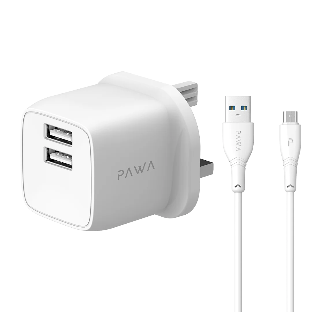 PAWA PocketMini Dual USB Travel Charger UK With USB-A to Micro Cable