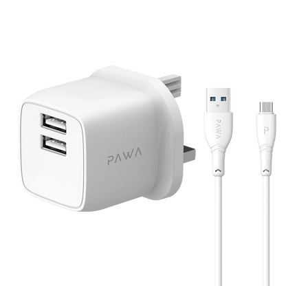 PAWA PocketMini Dual USB Travel Charger UK With USB-A to Micro Cable