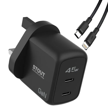 Stout Gan Travel Charger with Single PD port 45W Type C to Lightning (UK plug) - Black